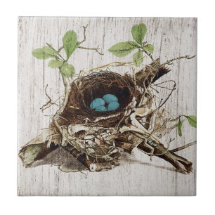 vintage script ephemera bird nest french botanical tile