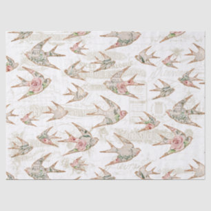 Vintage Script Ephemera Watercolor Floral Swallows Tissue Paper