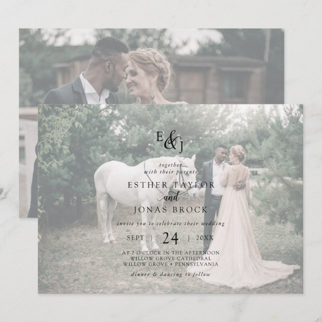 Vintage Script | Faded Horizontal Photo Wedding Invitation (Front/Back)