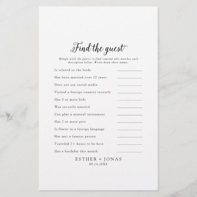 Vintage Script Find the Guest Wedding Game Card (Front)