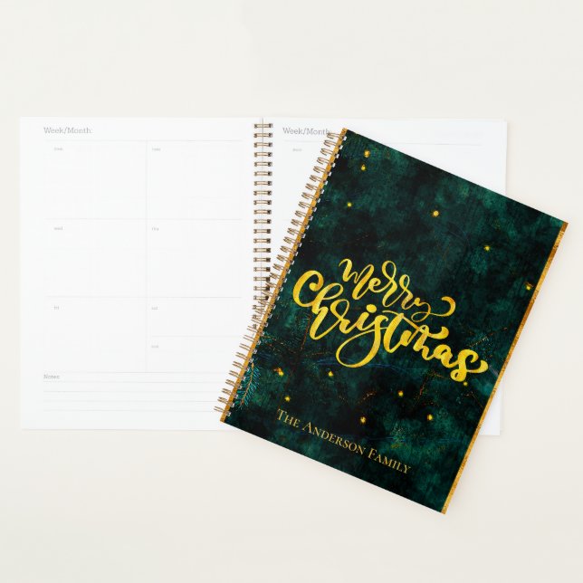 Vintage Script Green and Gold Merry Christmas Planner (Display)