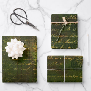 Vintage Script Moss Green Gold Grunge  Wrapping Paper Sheet