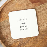 Vintage Script Wedding Square Paper Coaster<br><div class="desc">This vintage script wedding favour square paper coaster is perfect for a minimalist wedding. The romantic black and white design features unique whimsical typography with simple bohemian style. Customizable in any colour. Keep the design minimal and elegant, as is, or personalize it by adding your own graphics and artwork. Personalize...</div>