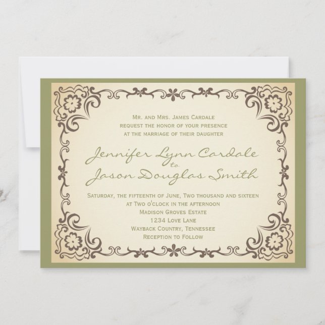Vintage Scroll Frame Sage Wedding Invitations (Front)