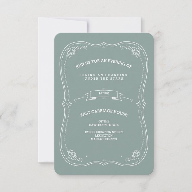 Vintage Scroll in Green Wedding Reception Card (Front)