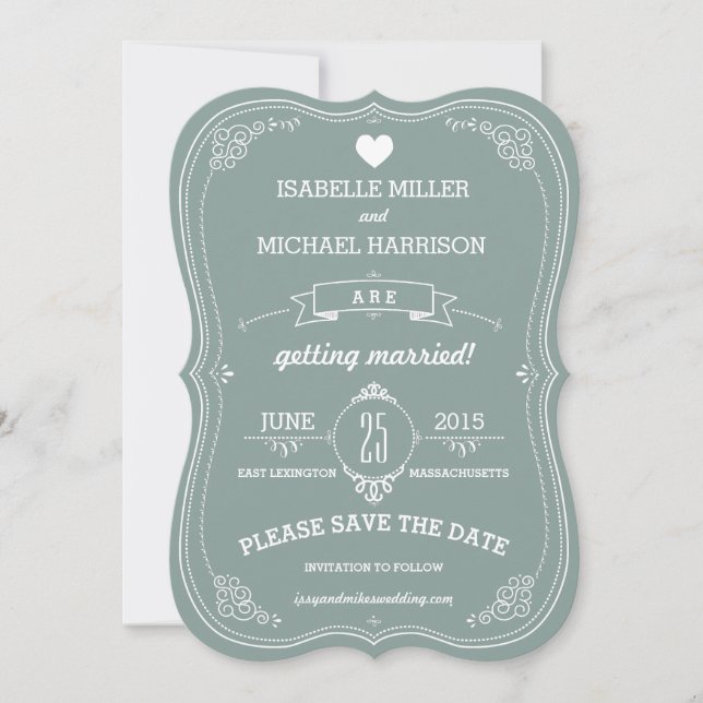 Vintage Scroll in Green Wedding Save the Date (Front)