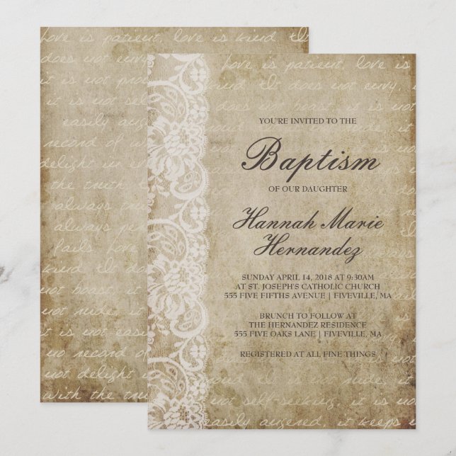 Vintage Scroll Lace Baptism Invitation (Front/Back)