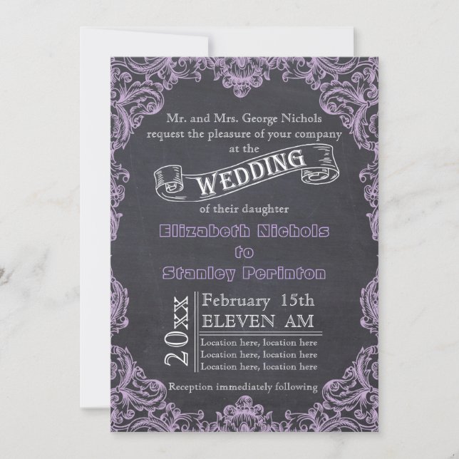 Vintage scroll leaf frame and chalkboard wedding invitation (Front)