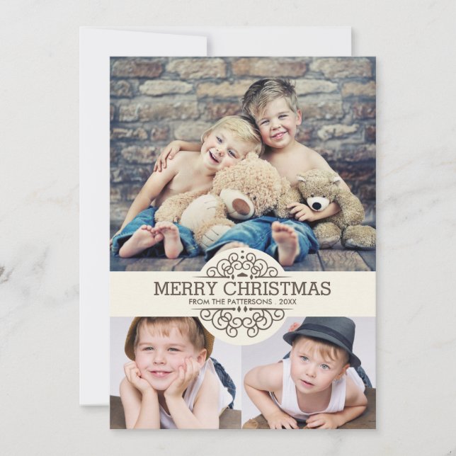 Vintage Scroll Merry Christmas Photo Collage Holiday Card (Front)