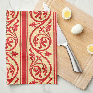 Vintage Scroll Pattern Red and Gold Kitchen Towel