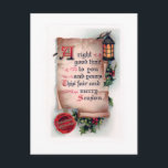 Vintage Scroll with Lantern and Christmas Greeting Postcard<br><div class="desc">Antique vintage scroll embellished with glowing lantern and holly with Christmas verse and red wax seal. Back features complementary graphics and editable text fields.</div>
