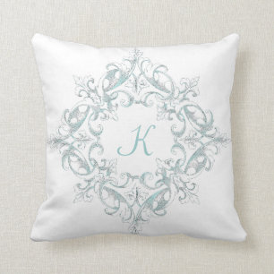 Vintage Scrollwork Aqua Monogram Pillow