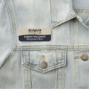 Vintage Scrollwork Tan Blue Business Name Tag