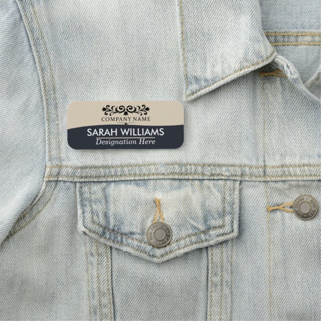 Vintage Scrollwork Tan Blue Business Name Tag (In Situ)