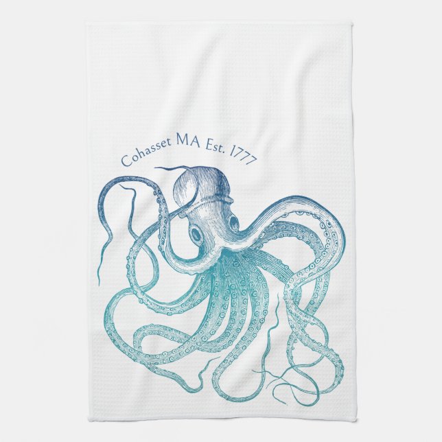 Vintage Sea Blue Octopus Kitchen Towel (Vertical)
