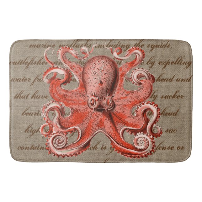 Vintage Sea Creature Pink Octopus Nautical Bath Mat (Front)