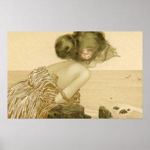 Vintage Sea Girl With Pink Rose Poster