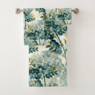 Vintage Sea Green Foliage Leaves Elegant Pattern Bath Towel Set