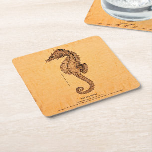 Vintage Sea Horse Illustration Ornament in Sepia D Square Paper Coaster