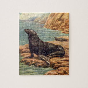 Vintage Sea Lion by the Seashore, Marine Mammals Jigsaw Puzzle