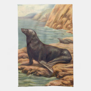 Vintage Sea Lion by the Seashore, Marine Mammals Kitchen Towel