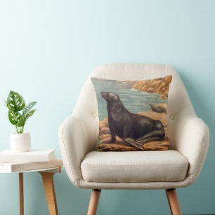 Vintage Sea Lion by the Seashore, Marine Mammals Throw Pillow