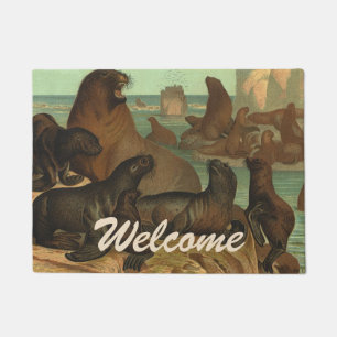 Vintage Sea Lions on the Beach, Marine Life Animal Doormat