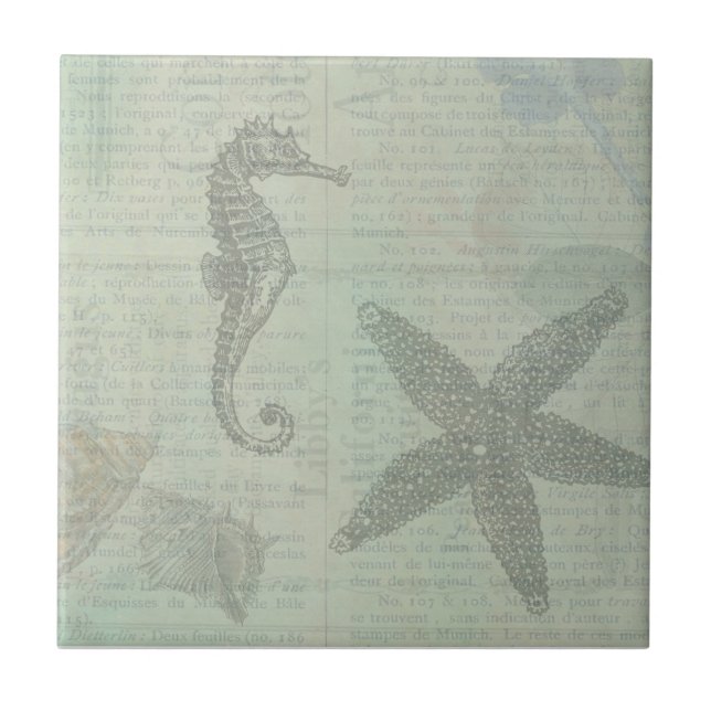 Vintage Sea Shells, Starfish, and SeaHorse Tile (Front)