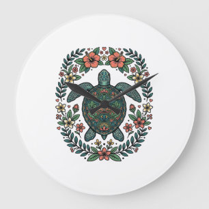 Vintage Sea Turtle Floral Vector Design_1 Large Clock