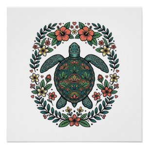 Vintage Sea Turtle Floral Vector Design_1 Poster