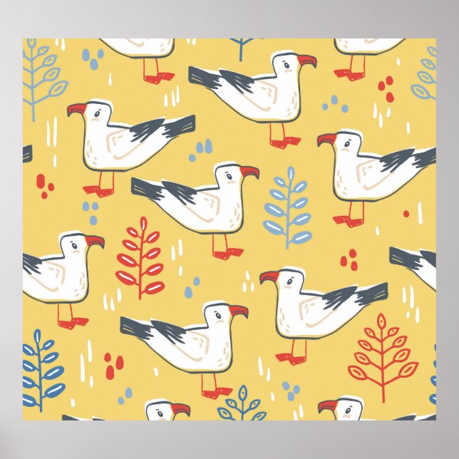 Vintage Seagull Leaves Natural Pattern Poster (Front)