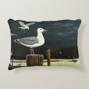 Vintage Seagull Perched Pier, Marine Birds Animals Accent Pillow