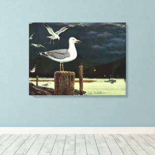 Vintage Seagull Perched Pier, Marine Birds Animals Canvas Print