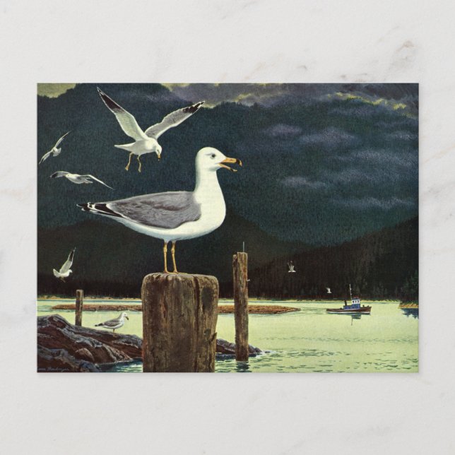 Vintage Seagull Perched Pier, Marine Birds Animals Postcard (Front)