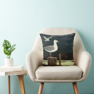 Vintage Seagull Perched Pier, Marine Birds Animals Throw Pillow