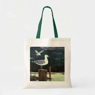 Vintage Seagull Perched Pier, Marine Birds Animals Tote Bag