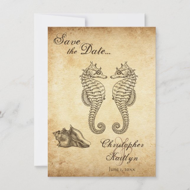 Vintage Seahorses and Conch Shell Beach Wedding Save The Date (Front)