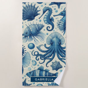 Vintage Sealife Animals Pattern Beach Towel