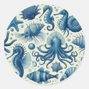Vintage Sealife Animals Pattern Classic Round Sticker