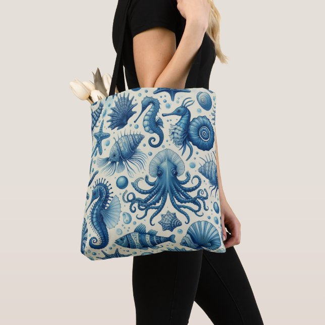 Vintage Sealife Animals Pattern Tote Bag (Close Up)