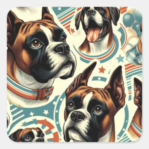Vintage Seamless Boxer Dog Illustration Square Sticker