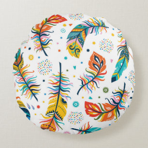 Vintage seamless feathers pattern in boho style round pillow