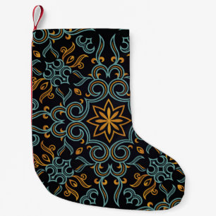 Vintage seamless gold and blue pattern with art or small christmas stocking