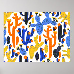 vintage seamless pattern with cactus on black and poster