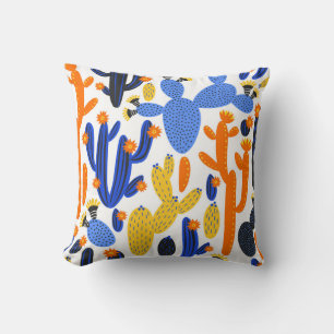 vintage seamless pattern with cactus on black and throw pillow