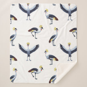 Vintage seamless pattern with crowned crane birds. sherpa blanket