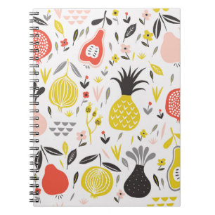 vintage seamless pattern with fruits, flowers and notebook