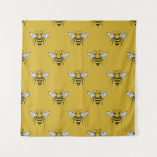 Vintage seamless pattern with yellow bees. Handdra Tapestry