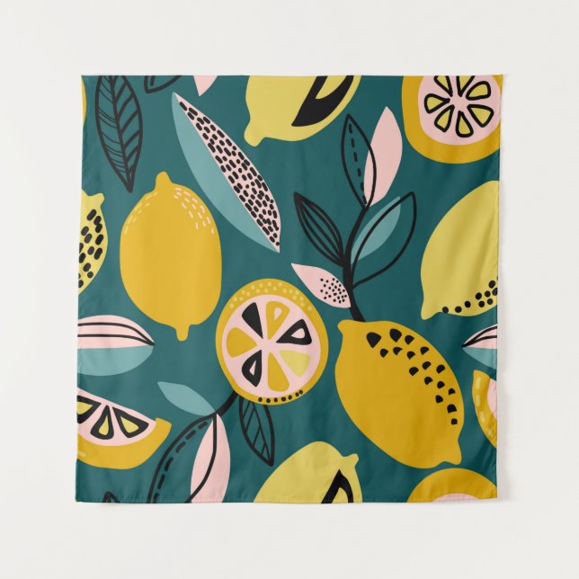 Vintage seamless pattern with yellow lemons,branch tapestry (Front)