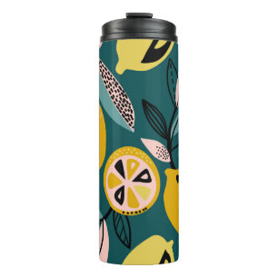 Vintage seamless pattern with yellow lemons,branch thermal tumbler